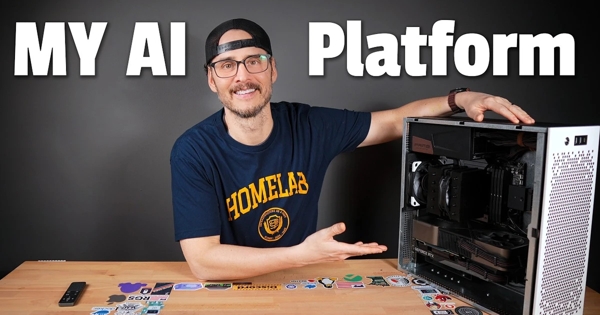 Techno Tim presenting an open desktop PC beneath the headline “MY AI Platform”