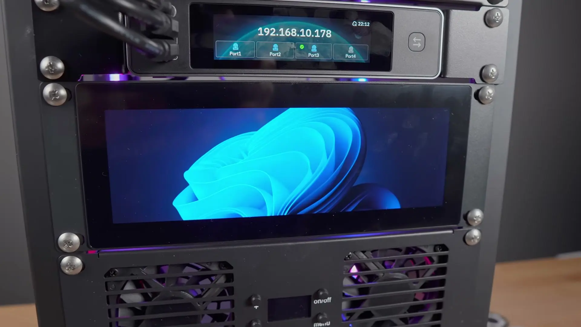 DeskPi rackmount touchscreen showing a Windows desktop below the Comet X touchscreen